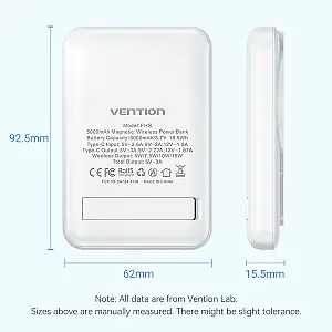 Power Bank Vention Magnetic, Ασύρματο, USB-C,20W 5000mAh, Γρήγορη φόρτιση - Ανθεκτικό υλικό - Λευκό