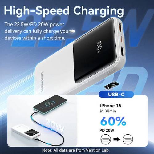 Power Bank Vention FHO 10000mAh 22.5W με 2 Θύρες USB-A και Θύρα USB-C Μαύρο