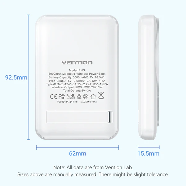 Power Bank Vention Magnetic, Ασύρματο, USB-C,20W 5000mAh, Γρήγορη φόρτιση - Ανθεκτικό υλικό - Λευκό