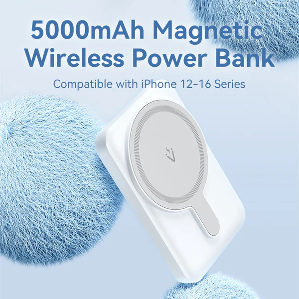 Power Bank Vention Magnetic, Ασύρματο, USB-C,20W 5000mAh, Γρήγορη φόρτιση - Ανθεκτικό υλικό - Λευκό